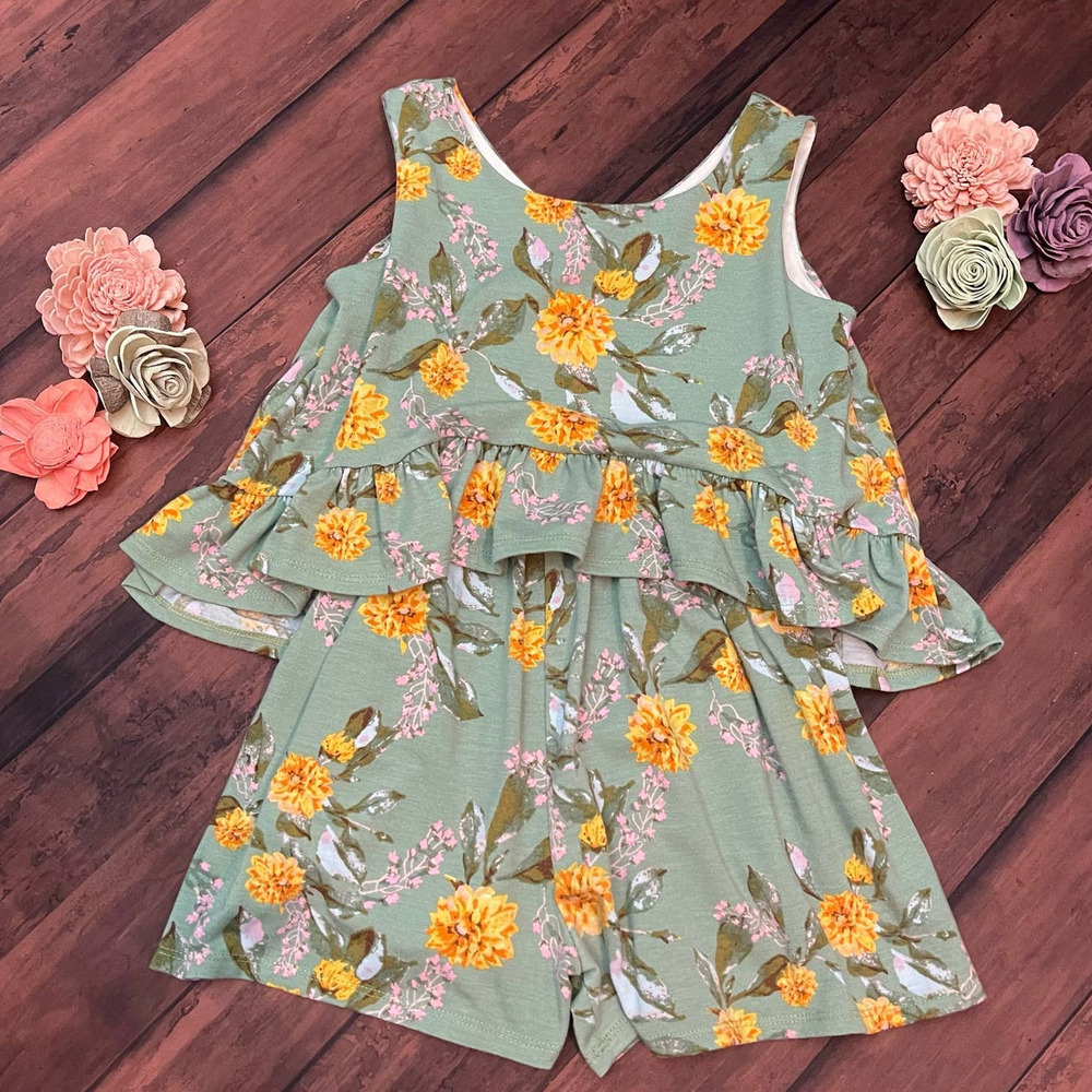 Bonnie Jean Girls Green Floral Romper Sleeveless Size Small